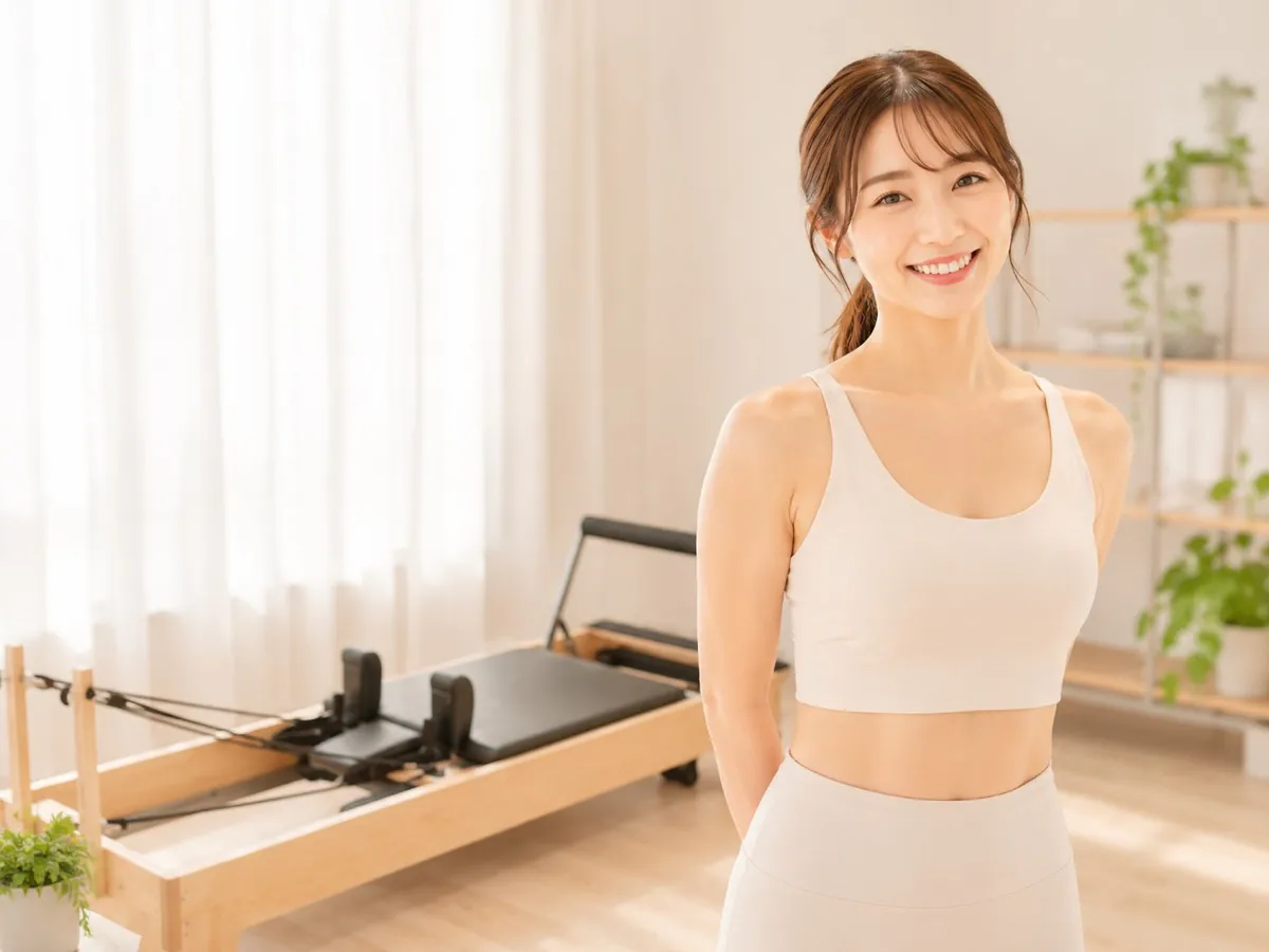 リフォーマーの上でしなやかにエクササイズする女性